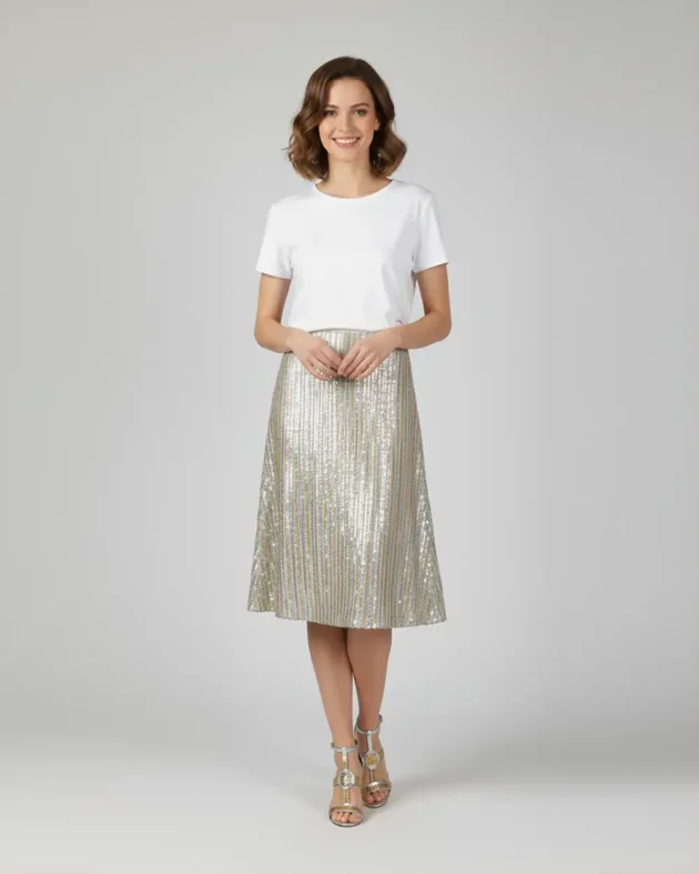 Falda Midi Lentejuela cuadrada plateada con dorado