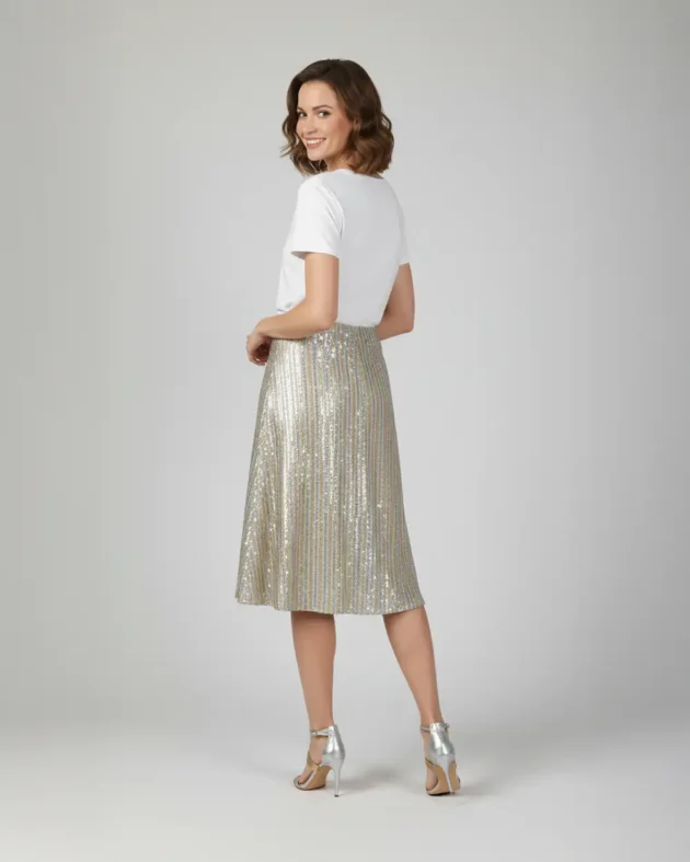 Falda Midi Lentejuela cuadrada plateada con dorado